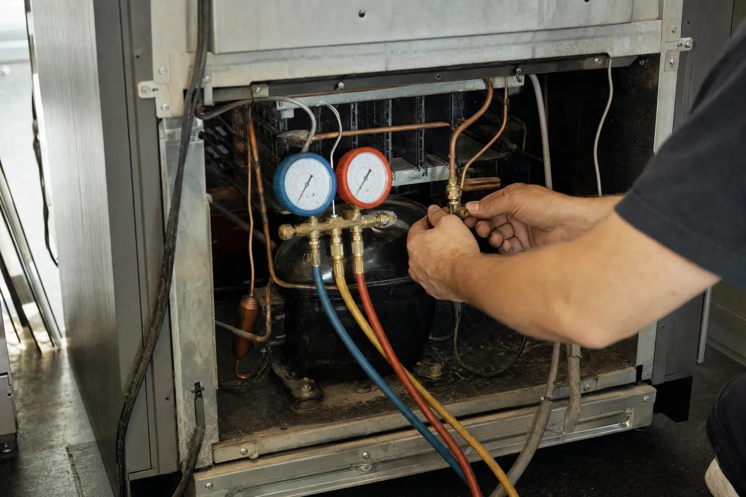 Manifold gauge set hooked to the compressor of an open machine compartment, hands resting on the service valves