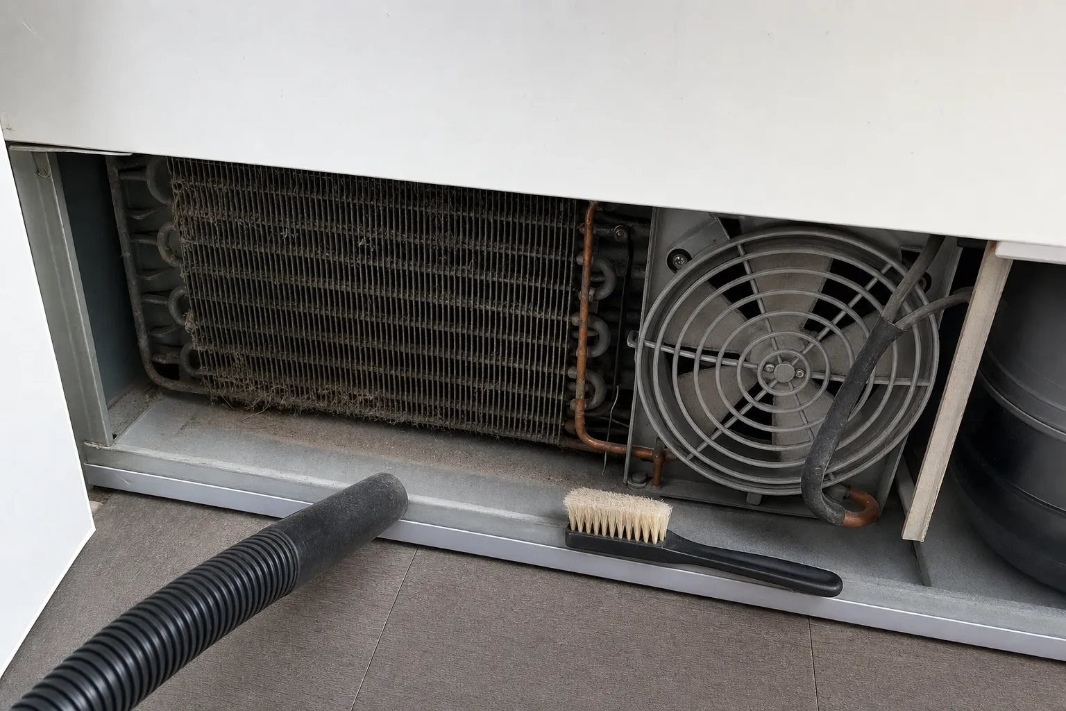 Dust-matted condenser coil and fan behind a removed base panel, a vacuum nozzle and brush waiting on the floor