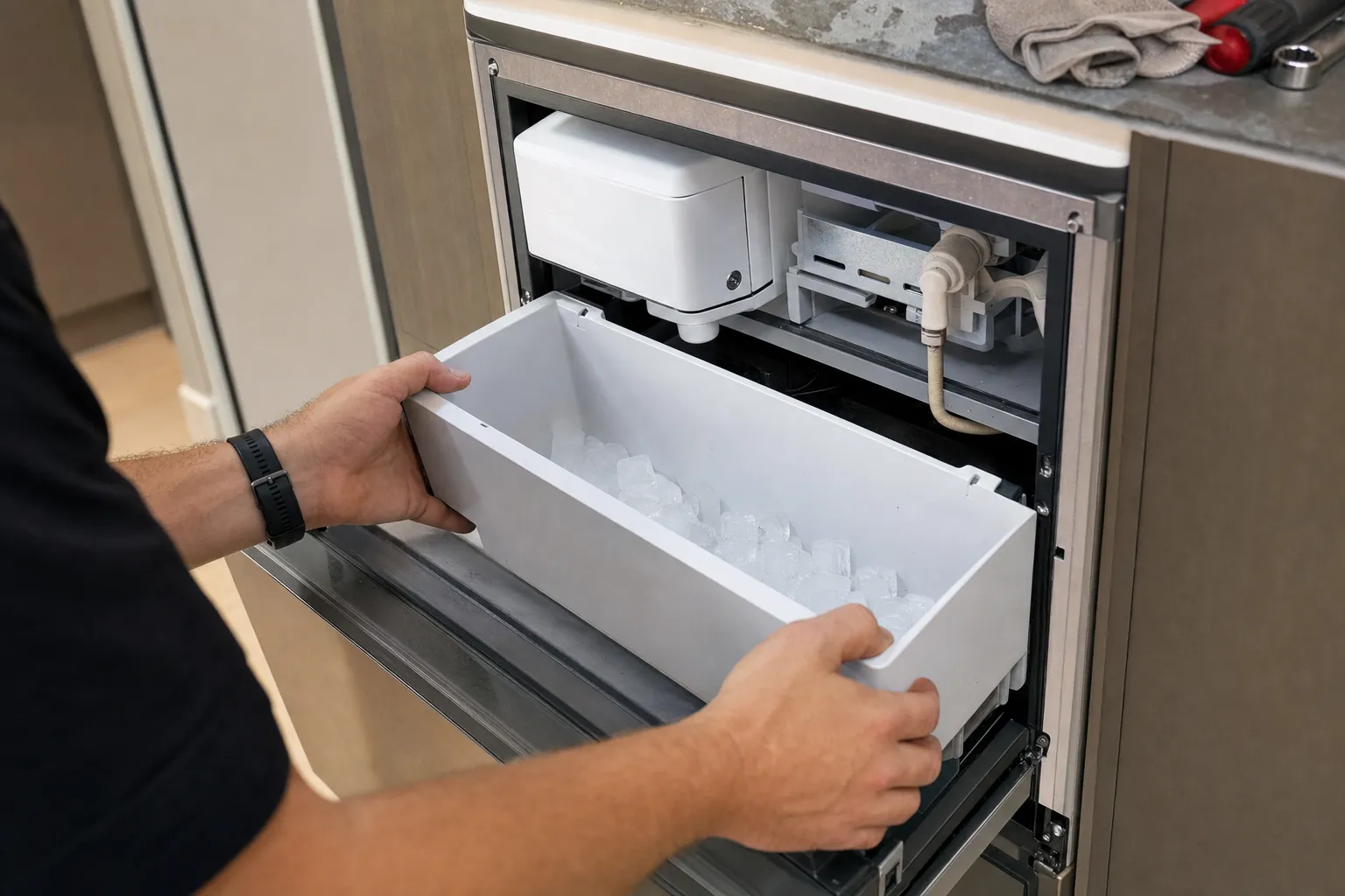 Hands lifting a bin of cubes out of an undercounter ice maker, the ice head and its water line visible above