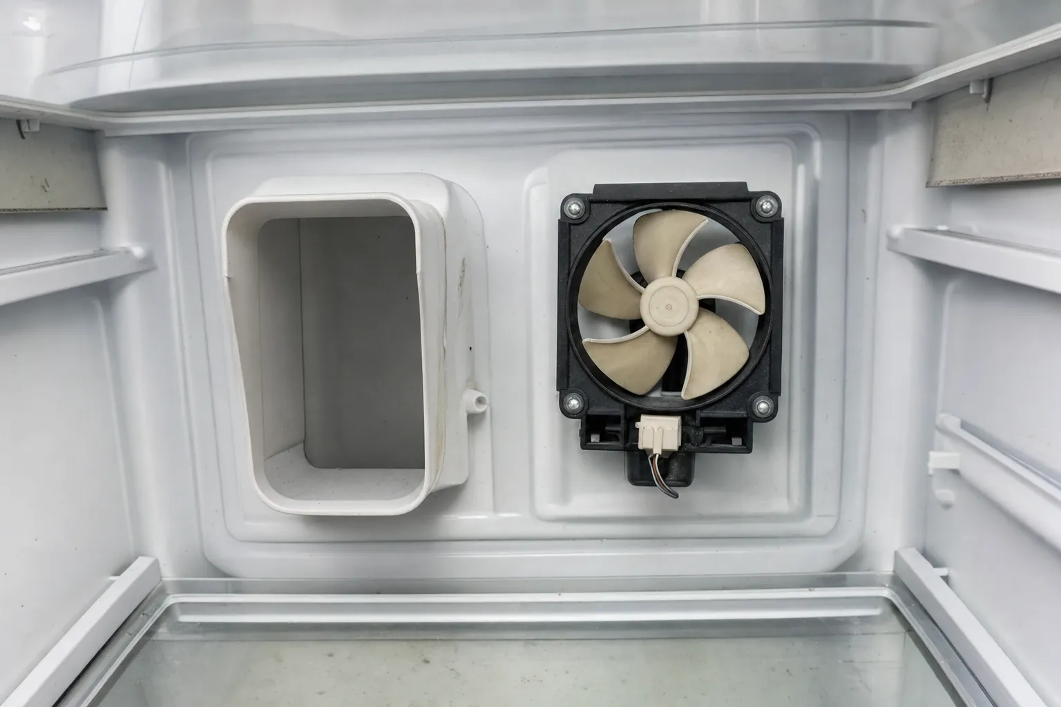 Back wall of a cold compartment with its cover off, a square-framed fan beside an empty rectangular air duct, a glass shelf in the foreground