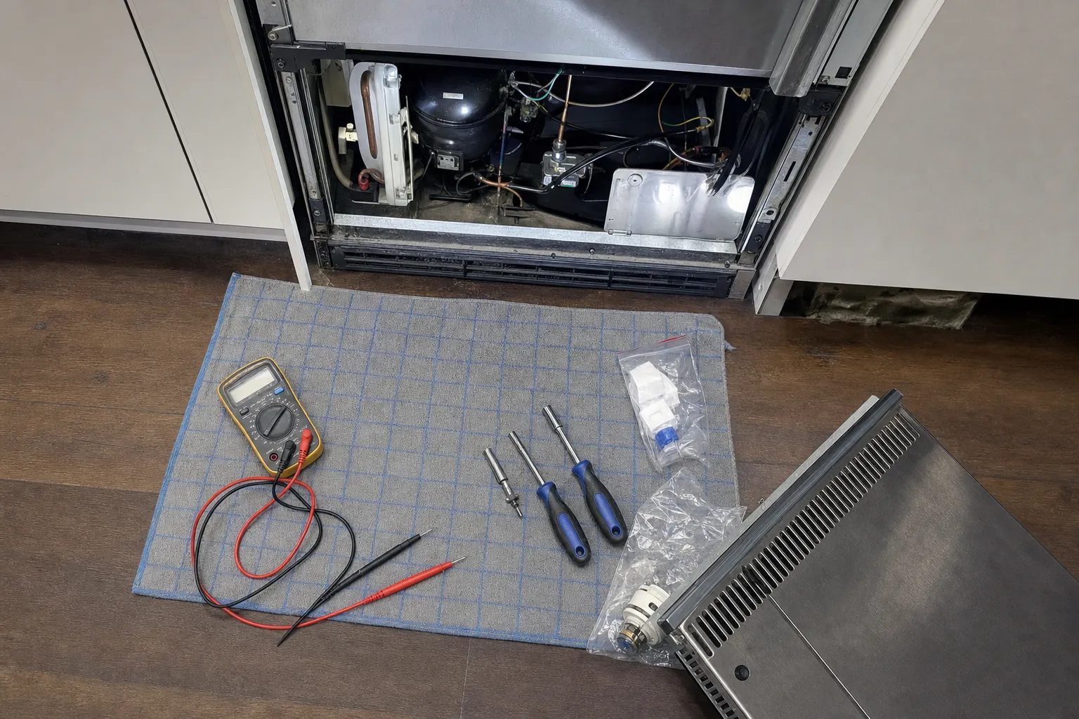 Undercounter unit with its louvred base grille lying on the floor beside it, compressor exposed, a multimeter, two nut drivers and bagged small parts on a gridded mat